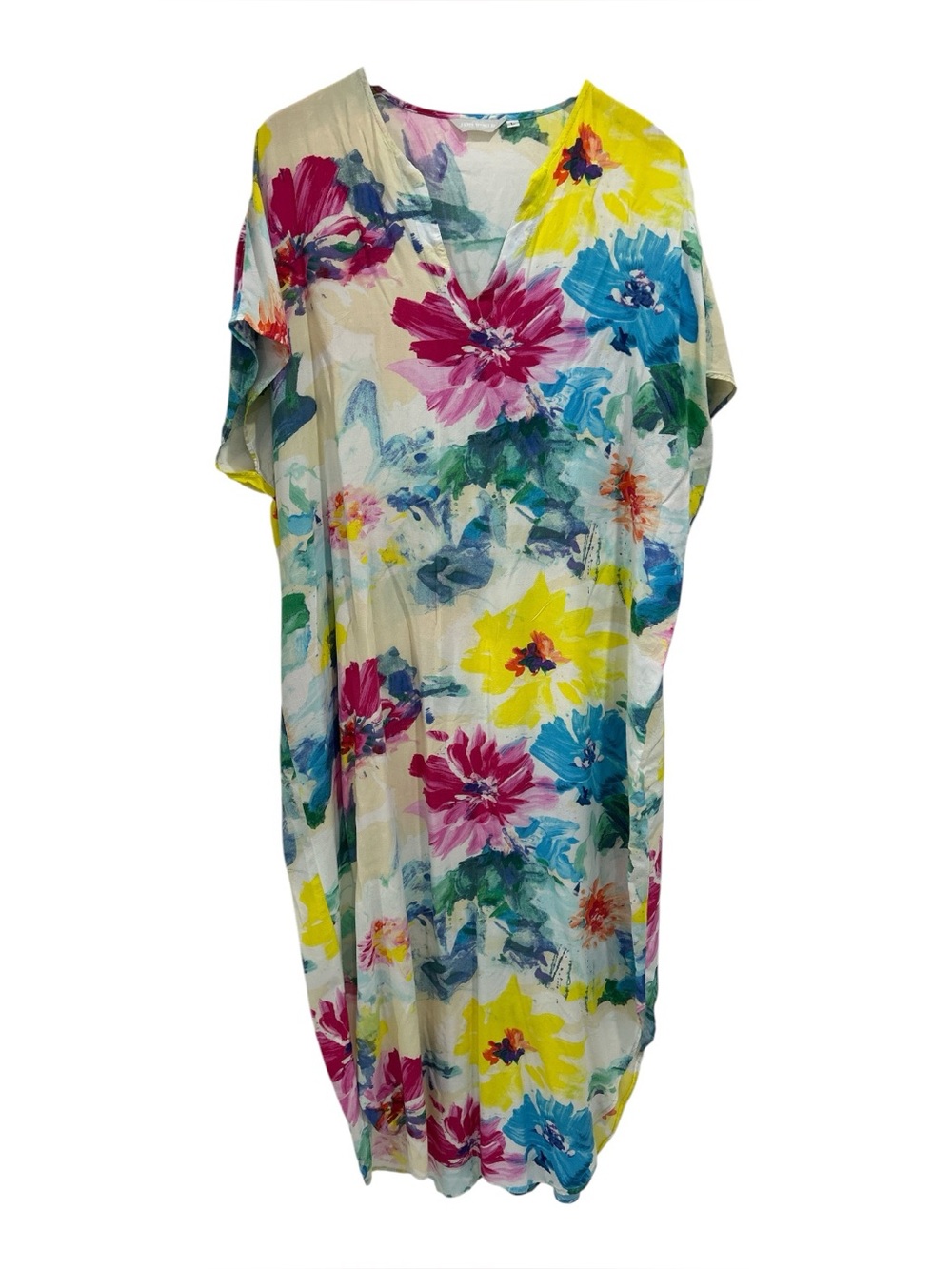 Jams World Biscotti Floral Watercolor Kaftan Maxi Dress Rayon Made in Hawaii - L